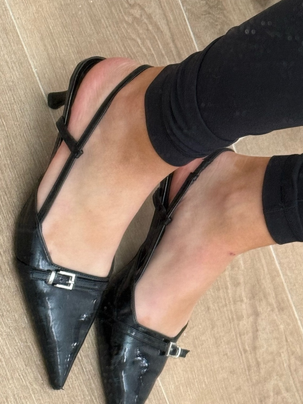 Source Unknown real lather Black Pointed Slingback Heels with Buckle